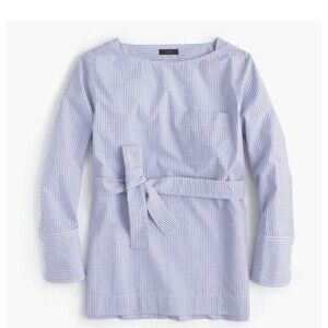 J.Crew Blue White Stripe Boatneck Tie Waist Tunic Top Size 6 Coastal Resort